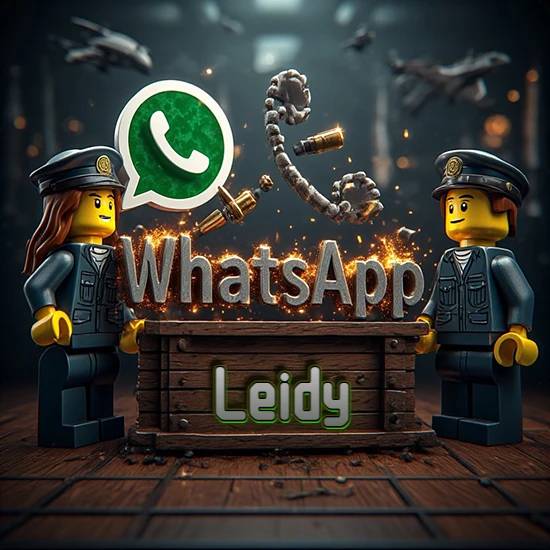 Dúo de policías Lego junto a una caja de madera. Chispas, logotipo de WhatsApp y un teléfono antiguo desarmándose en el aire. Nombre tallado en la parte frontal de la caja. Diseño con el nombre Leidy.