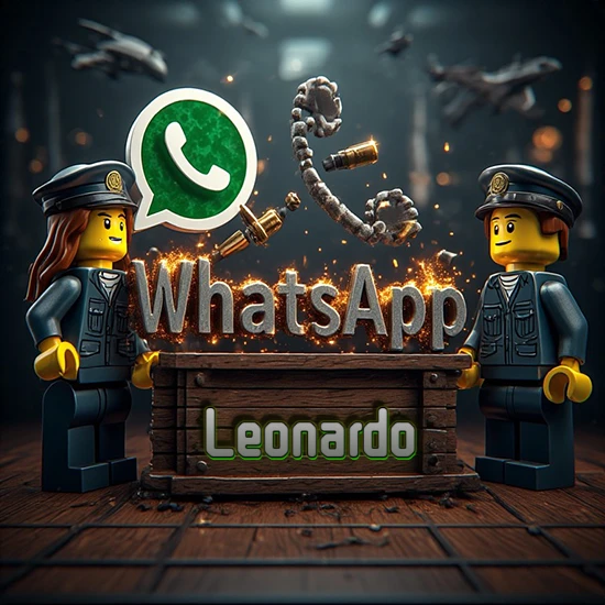 Dúo de policías Lego junto a una caja de madera. Chispas, logotipo de WhatsApp y un teléfono antiguo desarmándose en el aire. Nombre tallado en la parte frontal de la caja. Diseño con el nombre Leonardo.