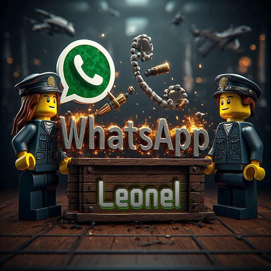 Dúo de policías Lego junto a una caja de madera. Chispas, logotipo de WhatsApp y un teléfono antiguo desarmándose en el aire. Nombre tallado en la parte frontal de la caja. Diseño con el nombre Leonel.
