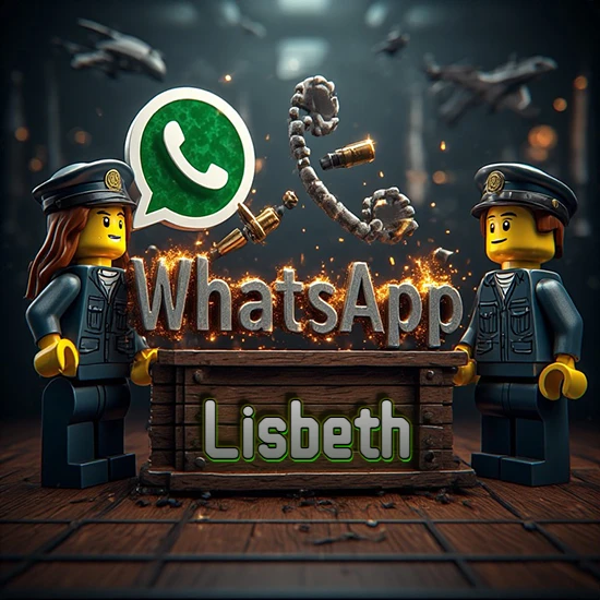 Dúo de policías Lego junto a una caja de madera. Chispas, logotipo de WhatsApp y un teléfono antiguo desarmándose en el aire. Nombre tallado en la parte frontal de la caja. Diseño con el nombre Lisbeth.