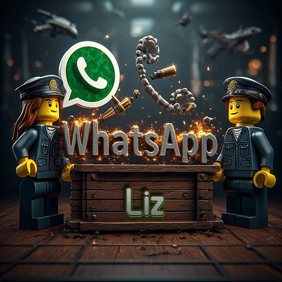 Dúo de policías Lego junto a una caja de madera. Chispas, logotipo de WhatsApp y un teléfono antiguo desarmándose en el aire. Nombre tallado en la parte frontal de la caja. Diseño con el nombre Liz.