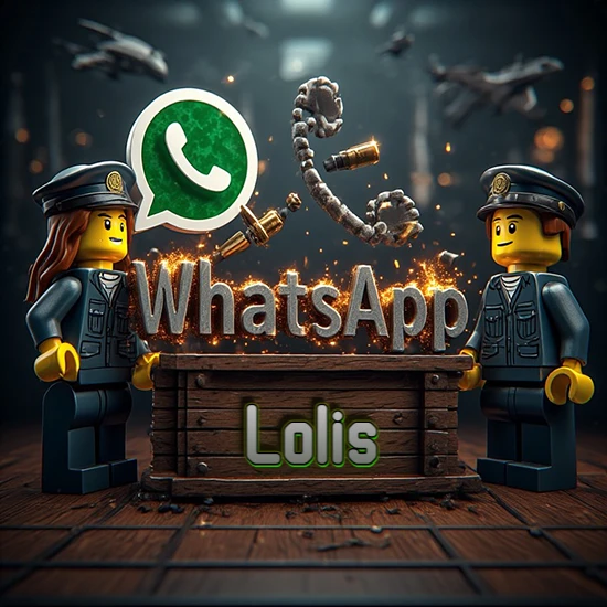 Dúo de policías Lego junto a una caja de madera. Chispas, logotipo de WhatsApp y un teléfono antiguo desarmándose en el aire. Nombre tallado en la parte frontal de la caja. Diseño con el nombre Lolis.