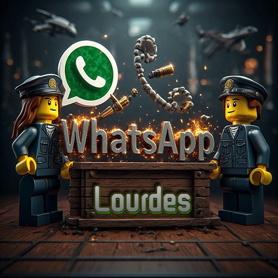 Dúo de policías Lego junto a una caja de madera. Chispas, logotipo de WhatsApp y un teléfono antiguo desarmándose en el aire. Nombre tallado en la parte frontal de la caja. Diseño con el nombre Lourdes.