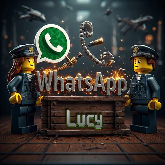Dúo de policías Lego junto a una caja de madera. Chispas, logotipo de WhatsApp y un teléfono antiguo desarmándose en el aire. Nombre tallado en la parte frontal de la caja. Diseño con el nombre Lucy.