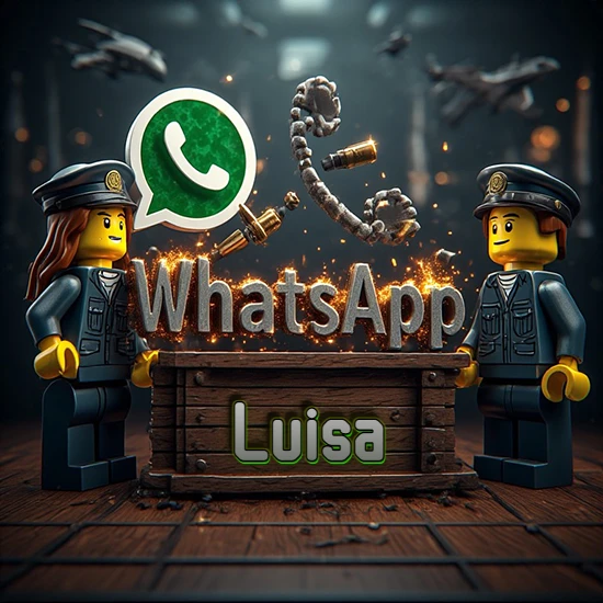 Dúo de policías Lego junto a una caja de madera. Chispas, logotipo de WhatsApp y un teléfono antiguo desarmándose en el aire. Nombre tallado en la parte frontal de la caja. Diseño con el nombre Luisa.