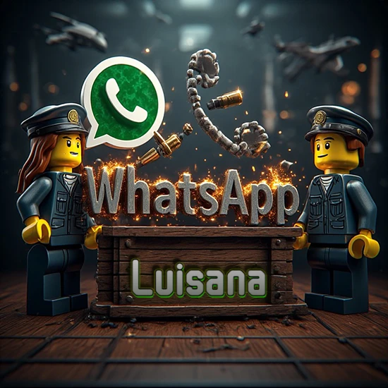 Dúo de policías Lego junto a una caja de madera. Chispas, logotipo de WhatsApp y un teléfono antiguo desarmándose en el aire. Nombre tallado en la parte frontal de la caja. Diseño con el nombre Luisana.