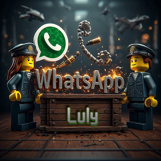 Dúo de policías Lego junto a una caja de madera. Chispas, logotipo de WhatsApp y un teléfono antiguo desarmándose en el aire. Nombre tallado en la parte frontal de la caja. Diseño con el nombre Luly.