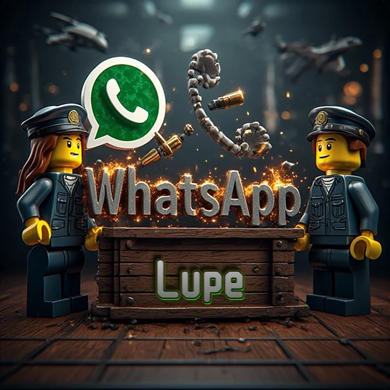 Dúo de policías Lego junto a una caja de madera. Chispas, logotipo de WhatsApp y un teléfono antiguo desarmándose en el aire. Nombre tallado en la parte frontal de la caja. Diseño con el nombre Lupe.