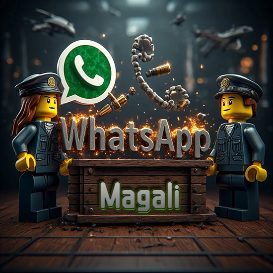 Dúo de policías Lego junto a una caja de madera. Chispas, logotipo de WhatsApp y un teléfono antiguo desarmándose en el aire. Nombre tallado en la parte frontal de la caja. Diseño con el nombre Magali.