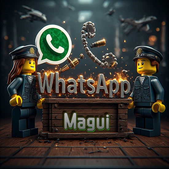 Dúo de policías Lego junto a una caja de madera. Chispas, logotipo de WhatsApp y un teléfono antiguo desarmándose en el aire. Nombre tallado en la parte frontal de la caja. Diseño con el nombre Magui.