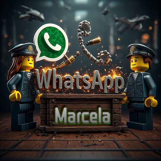 Dúo de policías Lego junto a una caja de madera. Chispas, logotipo de WhatsApp y un teléfono antiguo desarmándose en el aire. Nombre tallado en la parte frontal de la caja. Diseño con el nombre Marcela.