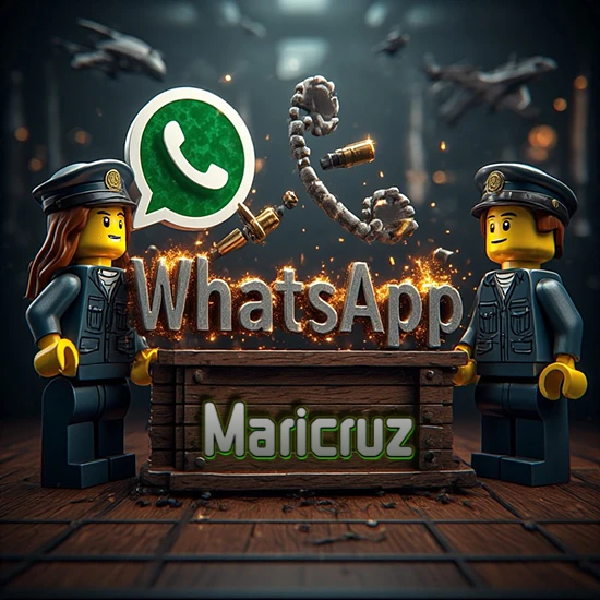Dúo de policías Lego junto a una caja de madera. Chispas, logotipo de WhatsApp y un teléfono antiguo desarmándose en el aire. Nombre tallado en la parte frontal de la caja. Diseño con el nombre Maricruz.