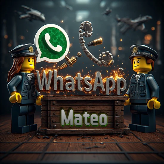 Dúo de policías Lego junto a una caja de madera. Chispas, logotipo de WhatsApp y un teléfono antiguo desarmándose en el aire. Nombre tallado en la parte frontal de la caja. Diseño con el nombre Mateo.