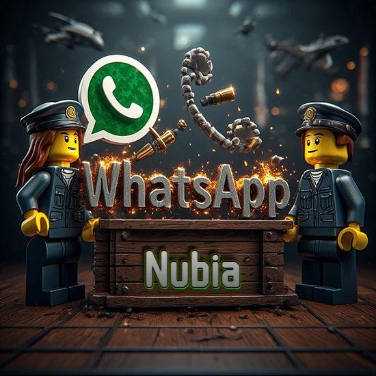 Dúo de policías Lego junto a una caja de madera. Chispas, logotipo de WhatsApp y un teléfono antiguo desarmándose en el aire. Nombre tallado en la parte frontal de la caja. Diseño con el nombre Nubia.