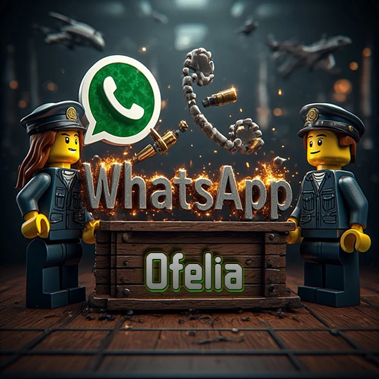 Dúo de policías Lego junto a una caja de madera. Chispas, logotipo de WhatsApp y un teléfono antiguo desarmándose en el aire. Nombre tallado en la parte frontal de la caja. Diseño con el nombre Ofelia.