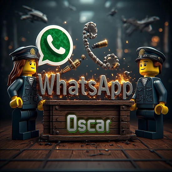 Dúo de policías Lego junto a una caja de madera. Chispas, logotipo de WhatsApp y un teléfono antiguo desarmándose en el aire. Nombre tallado en la parte frontal de la caja. Diseño con el nombre Oscar.