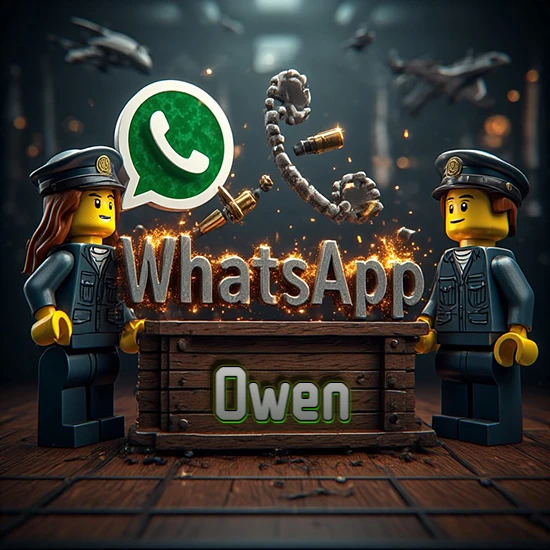 Dúo de policías Lego junto a una caja de madera. Chispas, logotipo de WhatsApp y un teléfono antiguo desarmándose en el aire. Nombre tallado en la parte frontal de la caja. Diseño con el nombre Owen.