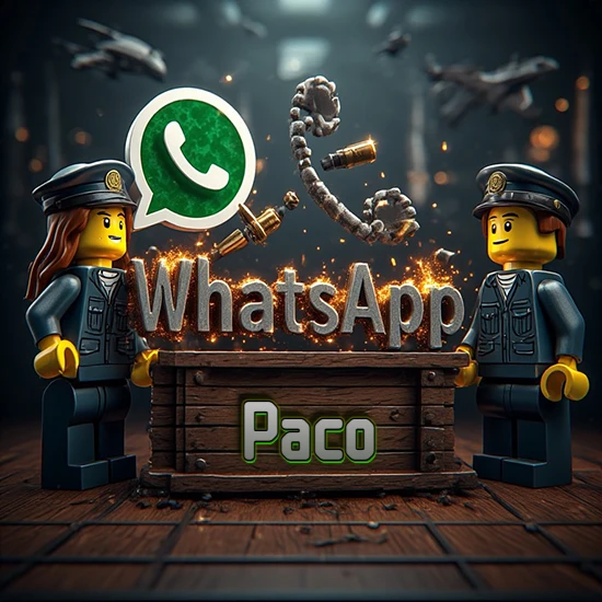Dúo de policías Lego junto a una caja de madera. Chispas, logotipo de WhatsApp y un teléfono antiguo desarmándose en el aire. Nombre tallado en la parte frontal de la caja. Diseño con el nombre Paco.