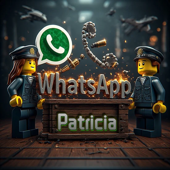 Dúo de policías Lego junto a una caja de madera. Chispas, logotipo de WhatsApp y un teléfono antiguo desarmándose en el aire. Nombre tallado en la parte frontal de la caja. Diseño con el nombre Patricia.