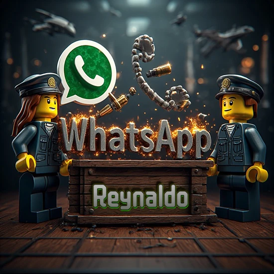 Dúo de policías Lego junto a una caja de madera. Chispas, logotipo de WhatsApp y un teléfono antiguo desarmándose en el aire. Nombre tallado en la parte frontal de la caja. Diseño con el nombre Reynaldo.