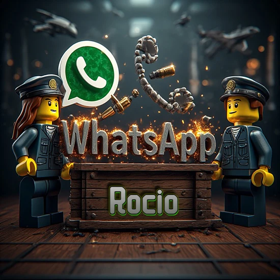 Dúo de policías Lego junto a una caja de madera. Chispas, logotipo de WhatsApp y un teléfono antiguo desarmándose en el aire. Nombre tallado en la parte frontal de la caja. Diseño con el nombre Rocio.