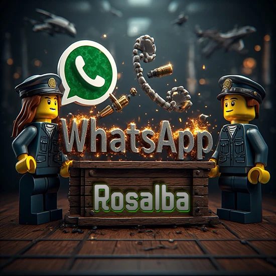 Dúo de policías Lego junto a una caja de madera. Chispas, logotipo de WhatsApp y un teléfono antiguo desarmándose en el aire. Nombre tallado en la parte frontal de la caja. Diseño con el nombre Rosalba.