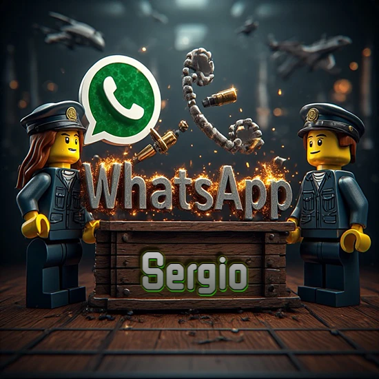 Dúo de policías Lego junto a una caja de madera. Chispas, logotipo de WhatsApp y un teléfono antiguo desarmándose en el aire. Nombre tallado en la parte frontal de la caja. Diseño con el nombre Sergio.