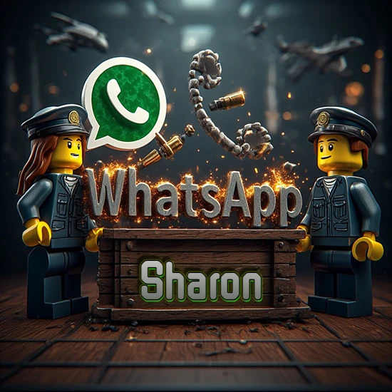 Dúo de policías Lego junto a una caja de madera. Chispas, logotipo de WhatsApp y un teléfono antiguo desarmándose en el aire. Nombre tallado en la parte frontal de la caja. Diseño con el nombre Sharon.