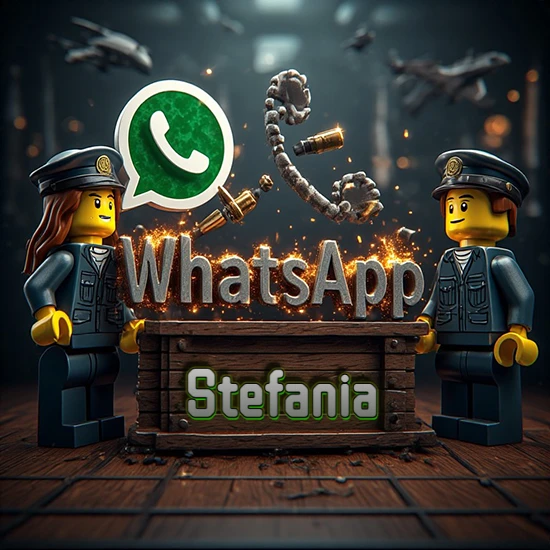 Dúo de policías Lego junto a una caja de madera. Chispas, logotipo de WhatsApp y un teléfono antiguo desarmándose en el aire. Nombre tallado en la parte frontal de la caja. Diseño con el nombre Stefania.