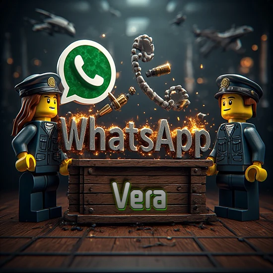 Dúo de policías Lego junto a una caja de madera. Chispas, logotipo de WhatsApp y un teléfono antiguo desarmándose en el aire. Nombre tallado en la parte frontal de la caja. Diseño con el nombre Vera. Dúo de policías Lego junto a una caja de madera. Chispas, logotipo de WhatsApp y un teléfono antiguo desarmándose en el aire. Nombre tallado en la parte frontal de la caja. Diseño con el nombre Vera.