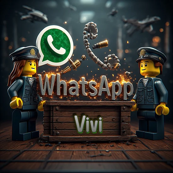 Dúo de policías Lego junto a una caja de madera. Chispas, logotipo de WhatsApp y un teléfono antiguo desarmándose en el aire. Nombre tallado en la parte frontal de la caja. Diseño con el nombre Vivi.
