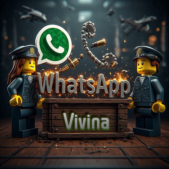 Dúo de policías Lego junto a una caja de madera. Chispas, logotipo de WhatsApp y un teléfono antiguo desarmándose en el aire. Nombre tallado en la parte frontal de la caja. Diseño con el nombre Vivina.