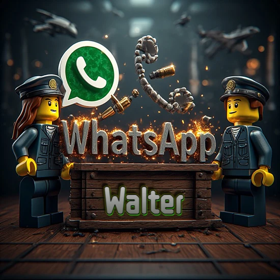 Dúo de policías Lego junto a una caja de madera. Chispas, logotipo de WhatsApp y un teléfono antiguo desarmándose en el aire. Nombre tallado en la parte frontal de la caja. Diseño con el nombre Walter. Dúo de policías Lego junto a una caja de madera. Chispas, logotipo de WhatsApp y un teléfono antiguo desarmándose en el aire. Nombre tallado en la parte frontal de la caja. Diseño con el nombre Walter.