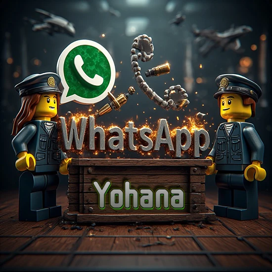 Dúo de policías Lego junto a una caja de madera. Chispas, logotipo de WhatsApp y un teléfono antiguo desarmándose en el aire. Nombre tallado en la parte frontal de la caja. Diseño con el nombre Yohana.