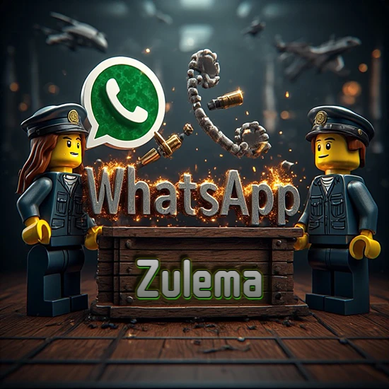 Dúo de policías Lego junto a una caja de madera. Chispas, logotipo de WhatsApp y un teléfono antiguo desarmándose en el aire. Nombre tallado en la parte frontal de la caja. Diseño con el nombre Zulema.