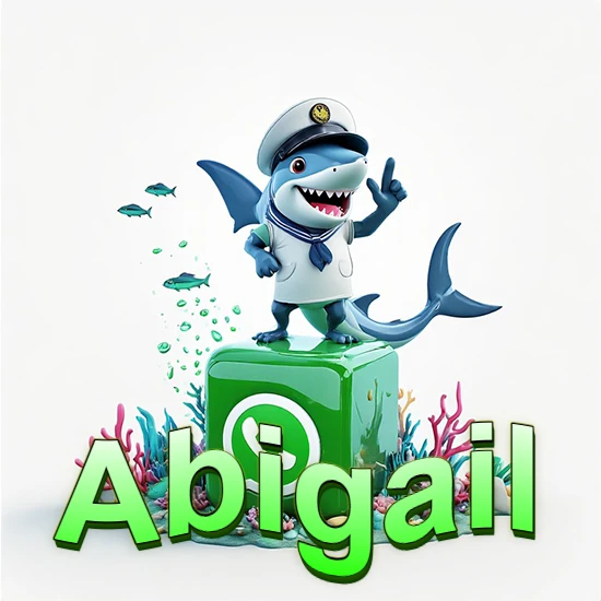 Fondo marino con un tiburón capitán sobre un cubo verde de WhatsApp. Arrecifes de coral, peces y burbujas. Nombre en verde claro en la parte delantera del cubo. Diseño con el nombre Abigail.