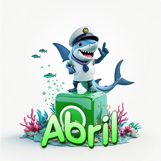 Fondo marino con un tiburón capitán sobre un cubo verde de WhatsApp. Arrecifes de coral, peces y burbujas. Nombre en verde claro en la parte delantera del cubo. Diseño con el nombre Abril.