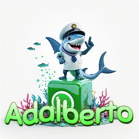 Fondo marino con un tiburón capitán sobre un cubo verde de WhatsApp. Arrecifes de coral, peces y burbujas. Nombre en verde claro en la parte delantera del cubo. Diseño con el nombre Adalberto.