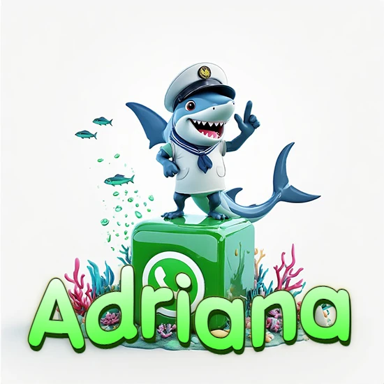 Fondo marino con un tiburón capitán sobre un cubo verde de WhatsApp. Arrecifes de coral, peces y burbujas. Nombre en verde claro en la parte delantera del cubo. Diseño con el nombre Adriana.