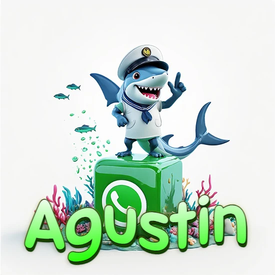 Fondo marino con un tiburón capitán sobre un cubo verde de WhatsApp. Arrecifes de coral, peces y burbujas. Nombre en verde claro en la parte delantera del cubo. Diseño con el nombre Agustin.