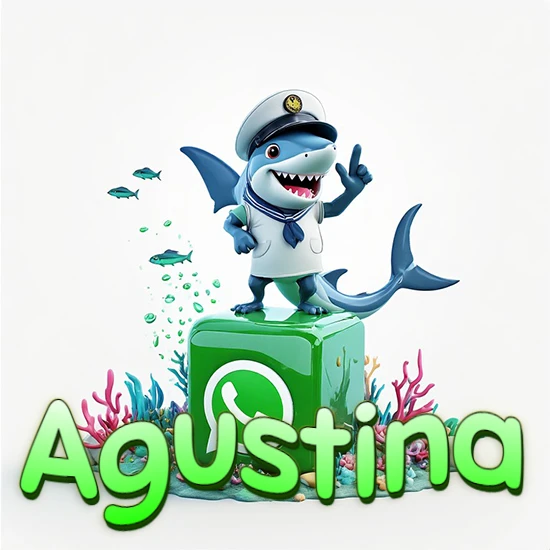 Fondo marino con un tiburón capitán sobre un cubo verde de WhatsApp. Arrecifes de coral, peces y burbujas. Nombre en verde claro en la parte delantera del cubo. Diseño con el nombre Agustina.