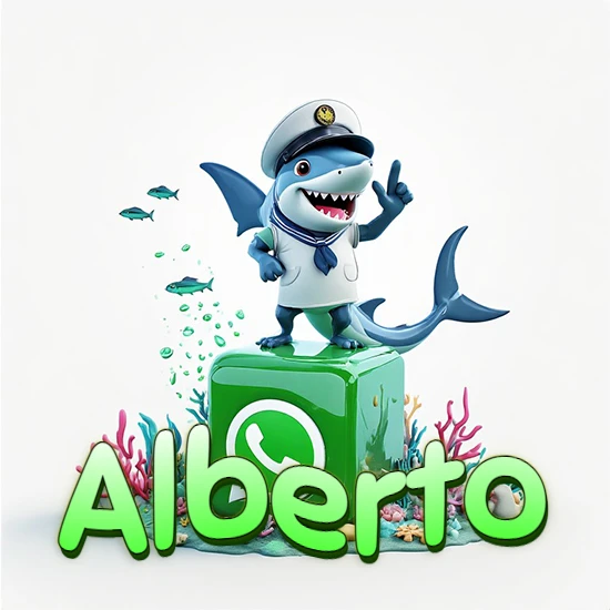 Fondo marino con un tiburón capitán sobre un cubo verde de WhatsApp. Arrecifes de coral, peces y burbujas. Nombre en verde claro en la parte delantera del cubo. Diseño con el nombre Alberto.