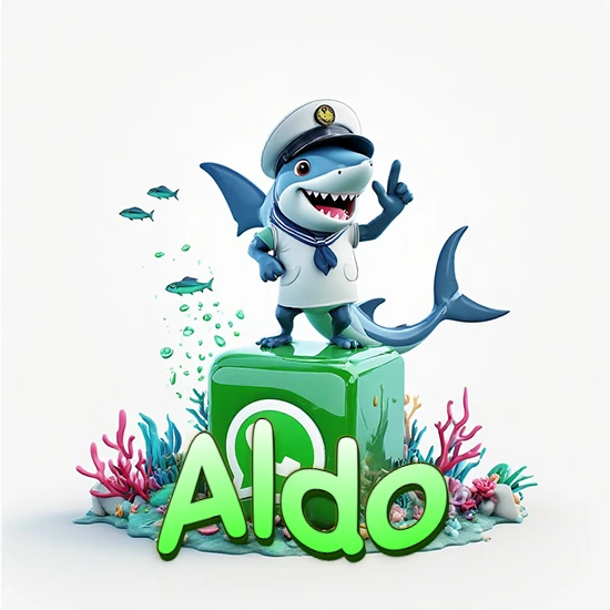Fondo marino con un tiburón capitán sobre un cubo verde de WhatsApp. Arrecifes de coral, peces y burbujas. Nombre en verde claro en la parte delantera del cubo. Diseño con el nombre Aldo.