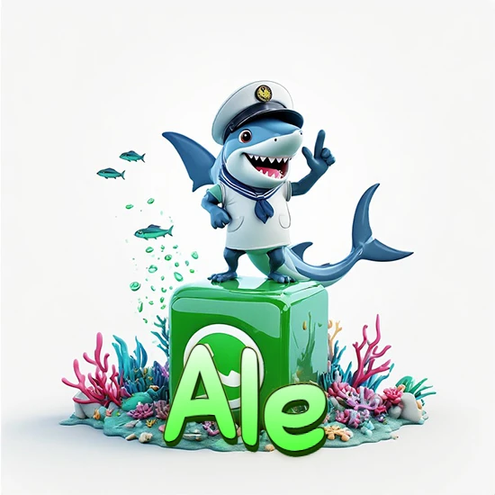 Fondo marino con un tiburón capitán sobre un cubo verde de WhatsApp. Arrecifes de coral, peces y burbujas. Nombre en verde claro en la parte delantera del cubo. Diseño con el nombre Ale.