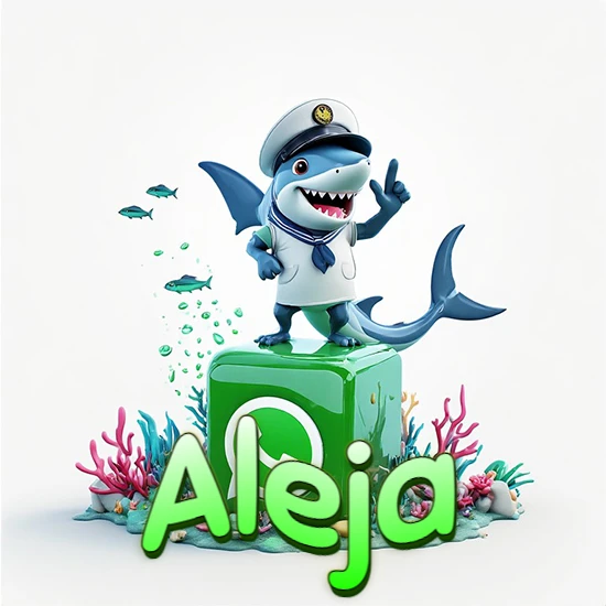 Fondo marino con un tiburón capitán sobre un cubo verde de WhatsApp. Arrecifes de coral, peces y burbujas. Nombre en verde claro en la parte delantera del cubo. Diseño con el nombre Aleja.