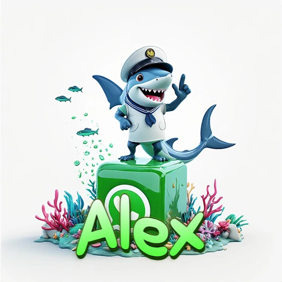 Fondo marino con un tiburón capitán sobre un cubo verde de WhatsApp. Arrecifes de coral, peces y burbujas. Nombre en verde claro en la parte delantera del cubo. Diseño con el nombre Alex.