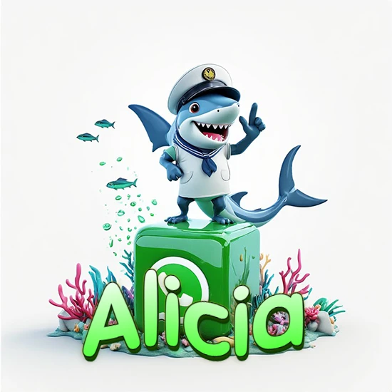 Fondo marino con un tiburón capitán sobre un cubo verde de WhatsApp. Arrecifes de coral, peces y burbujas. Nombre en verde claro en la parte delantera del cubo. Diseño con el nombre Alicia.