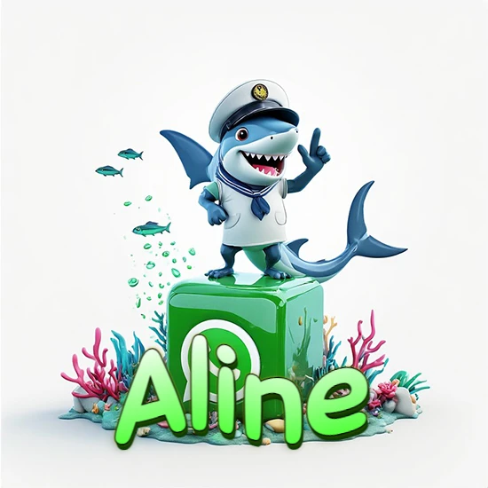 Fondo marino con un tiburón capitán sobre un cubo verde de WhatsApp. Arrecifes de coral, peces y burbujas. Nombre en verde claro en la parte delantera del cubo. Diseño con el nombre Aline.