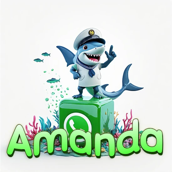Fondo marino con un tiburón capitán sobre un cubo verde de WhatsApp. Arrecifes de coral, peces y burbujas. Nombre en verde claro en la parte delantera del cubo. Diseño con el nombre Amanda.