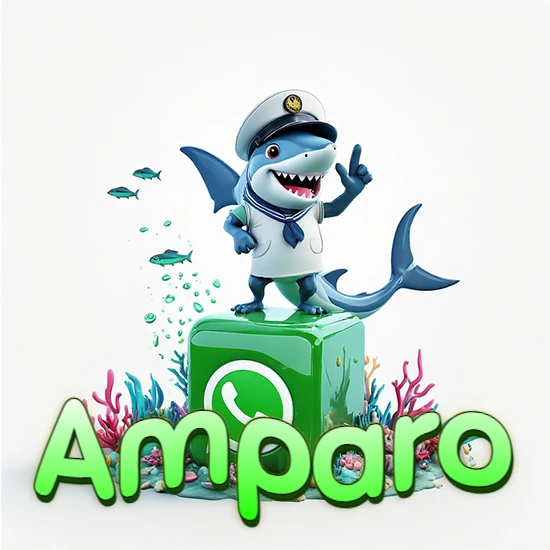 Fondo marino con un tiburón capitán sobre un cubo verde de WhatsApp. Arrecifes de coral, peces y burbujas. Nombre en verde claro en la parte delantera del cubo. Diseño con el nombre Amparo.